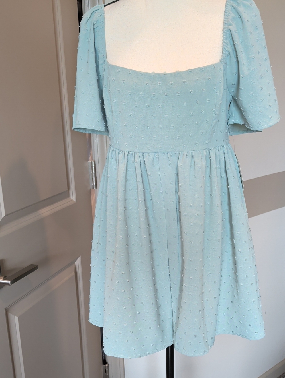 Altar'd State Light Blue Swiss Dot Mini Dress with Square Neck